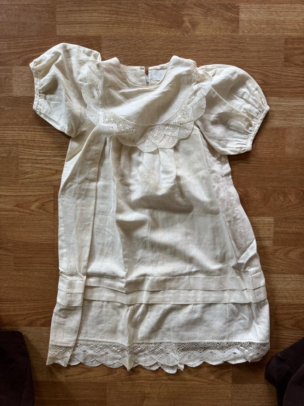 Vintage Linen Girls Dress with Lace Trim